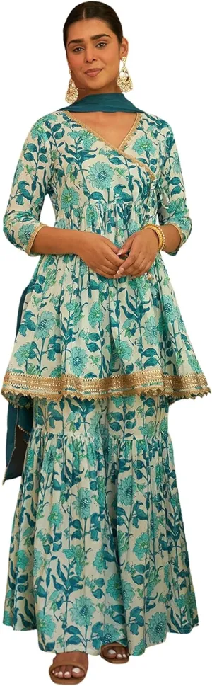 Janasya Indian Women's Pure Cotton Embroidered Printed Kurta Kurti Top Tunic Festive Wedding Party Kurta Set for Women