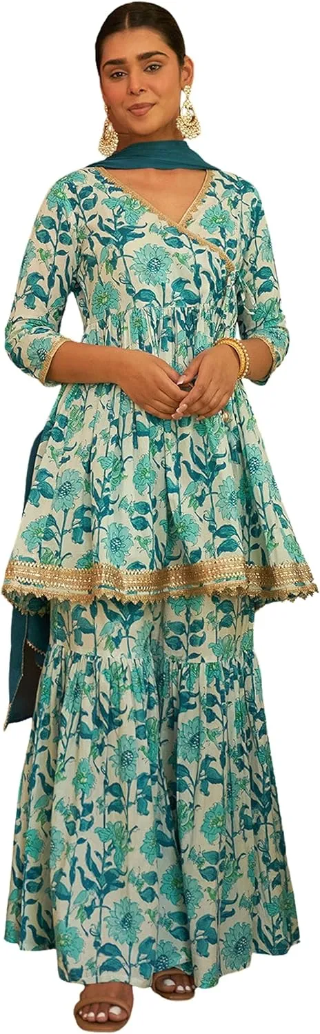 Janasya Indian Women's Pure Cotton Embroidered Printed Kurta Kurti Top Tunic Festive Wedding Party Kurta Set for Women