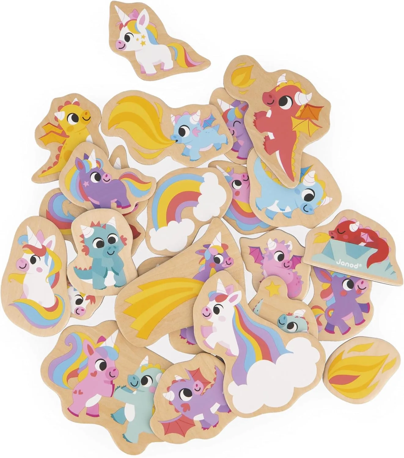 Janod - 24 Wooden Magnets - Unicorns and Dragons Theme - Wooden Toy - Ideal for Board or Fridge - Magnetic Educational Game, for Handling, Experimenting and Having Fun - from 2 Years Old, J09645