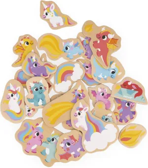 Janod - 24 Wooden Magnets - Unicorns and Dragons Theme - Wooden Toy - Ideal for Board or Fridge - Magnetic Educational Game, for Handling, Experimenting and Having Fun - from 2 Years Old, J09645