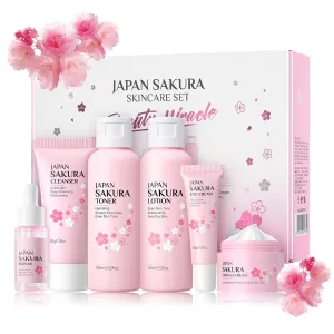 Japan Sakura Skincare Set, 6 Piece Face Care Kit with Cleanser, Toner, Lotion, Serum, Eye Cream and Essence Cream