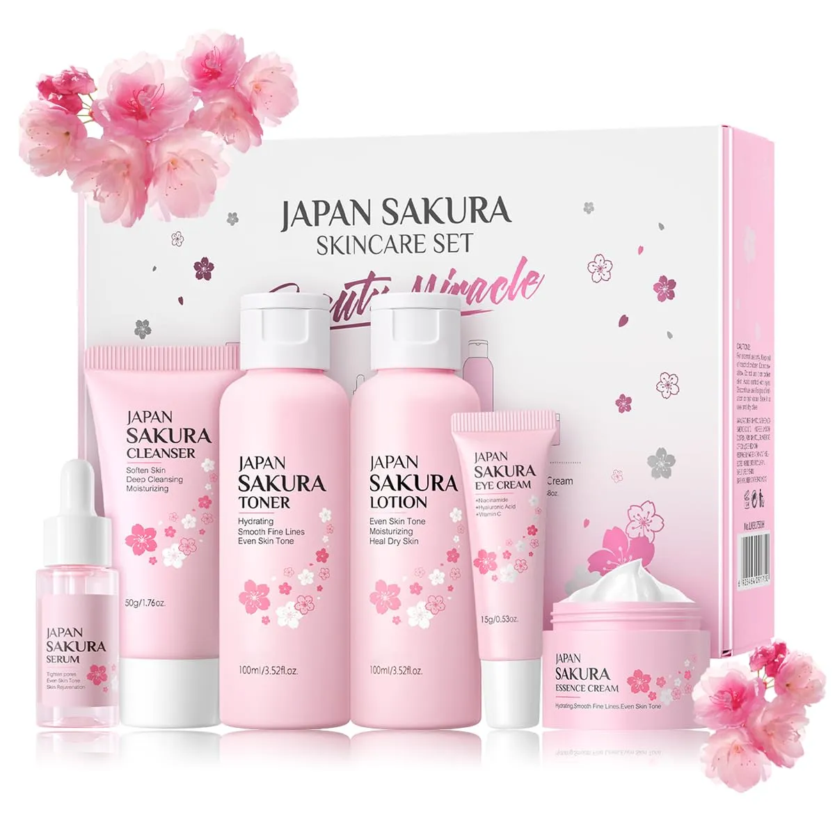 Japan Sakura Skincare Set, 6 Piece Face Care Kit with Cleanser, Toner, Lotion, Serum, Eye Cream and Essence Cream
