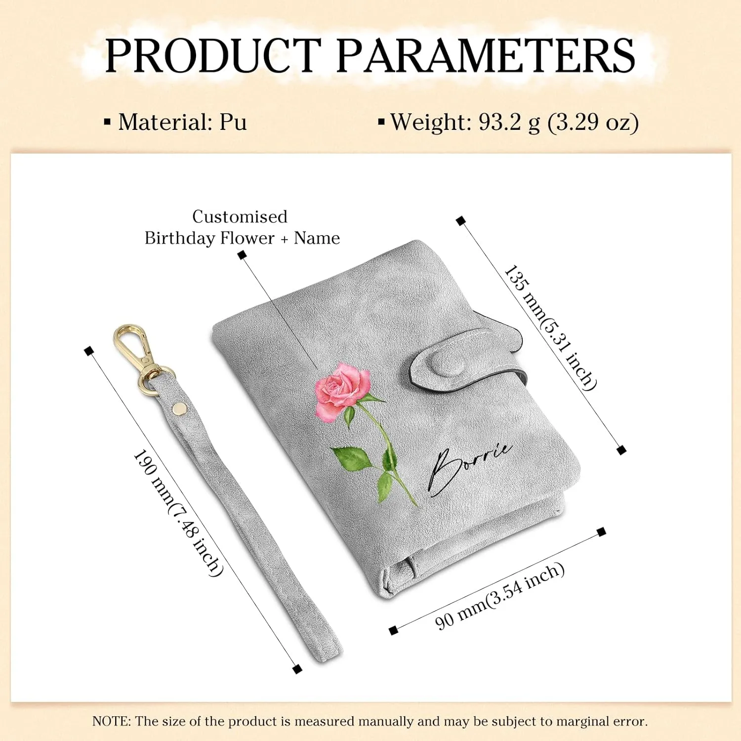 JewelOra Personalized Birth Flower Wallets for Women Custom Photo PU Leather Wallet Coin Purse Card Holder Zipper Coin Purse with Wrist Strap for Women Mother's Day(Style 1, Grey)