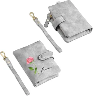 JewelOra Personalized Birth Flower Wallets for Women Custom Photo PU Leather Wallet Coin Purse Card Holder Zipper Coin Purse with Wrist Strap for Women Mother's Day(Style 1, Grey)