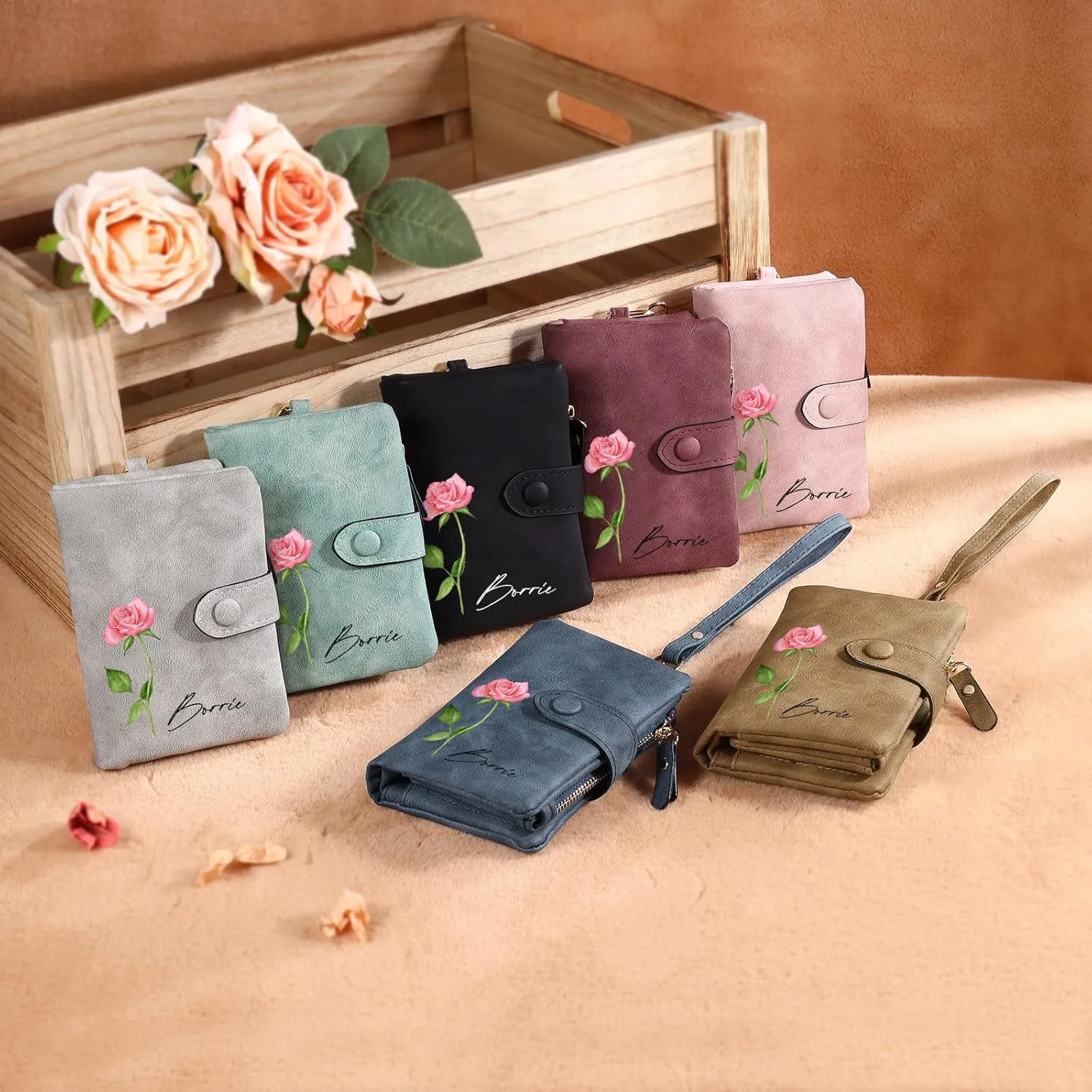 JewelOra Personalized Birth Flower Wallets for Women Custom Photo PU Leather Wallet Coin Purse Card Holder Zipper Coin Purse with Wrist Strap for Women Mother's Day(Style 1, Grey)