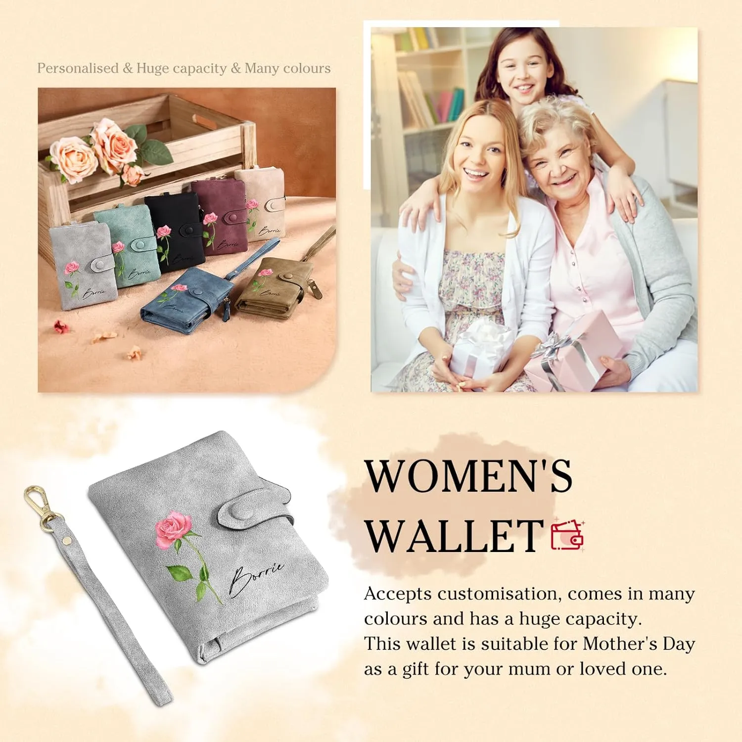 JewelOra Personalized Birth Flower Wallets for Women Custom Photo PU Leather Wallet Coin Purse Card Holder Zipper Coin Purse with Wrist Strap for Women Mother's Day(Style 1, Grey)