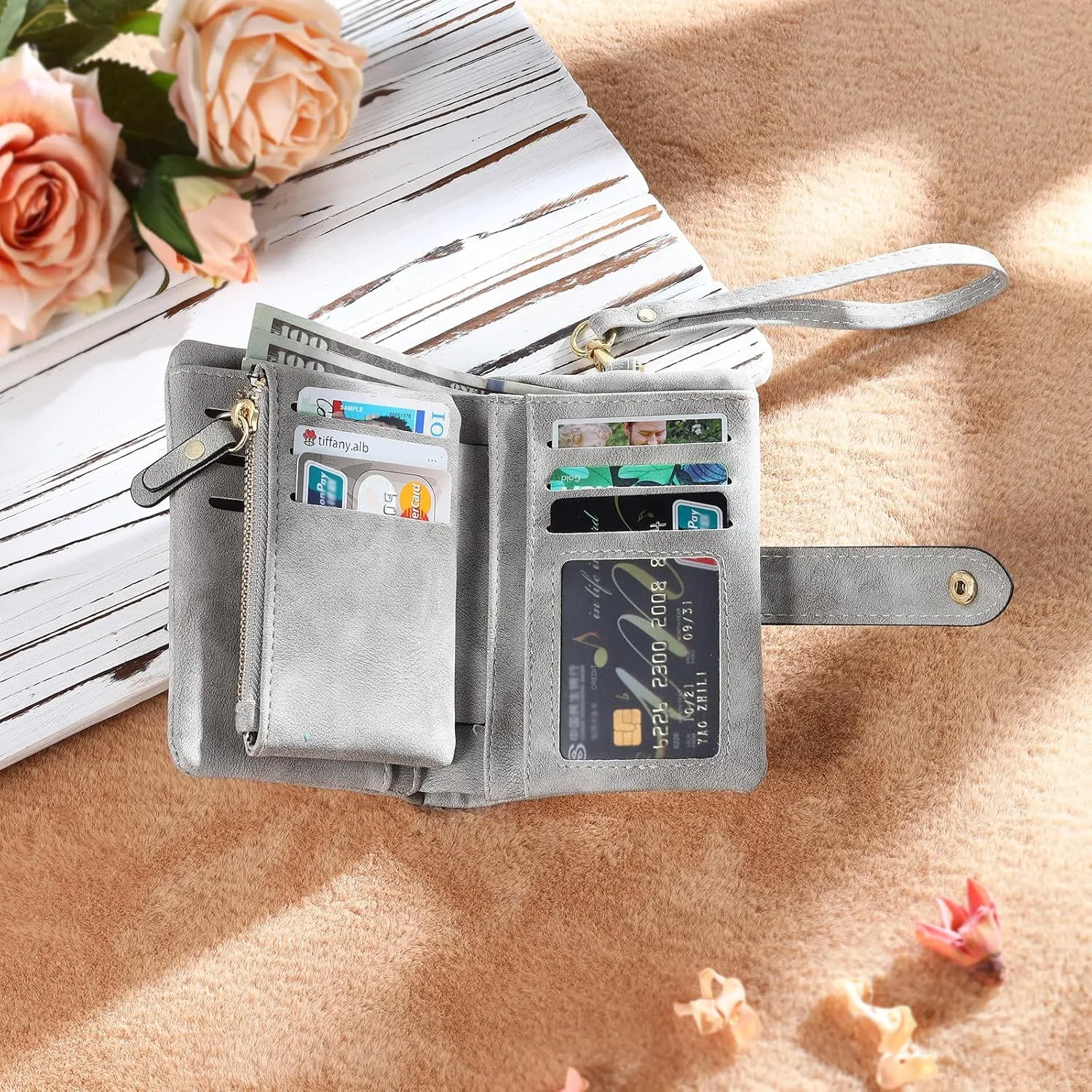 JewelOra Personalized Birth Flower Wallets for Women Custom Photo PU Leather Wallet Coin Purse Card Holder Zipper Coin Purse with Wrist Strap for Women Mother's Day(Style 1, Grey)