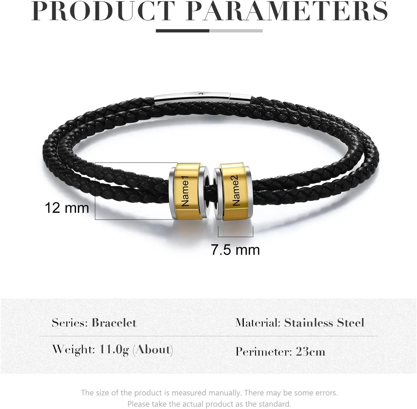 JewelOra Personalized Bracelet for Men Custom 2-5 Name Charm Beads Bracelets Engraved Name ID Black Braid Leather Bracelet Jewelry Gift for Son Father Boyfriend