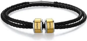 JewelOra Personalized Bracelet for Men Custom 2-5 Name Charm Beads Bracelets Engraved Name ID Black Braid Leather Bracelet Jewelry Gift for Son Father Boyfriend
