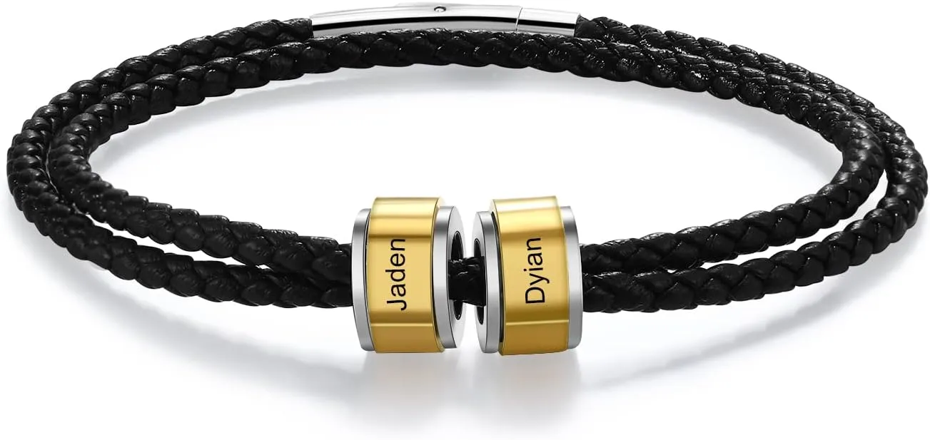 JewelOra Personalized Bracelet for Men Custom 2-5 Name Charm Beads Bracelets Engraved Name ID Black Braid Leather Bracelet Jewelry Gift for Son Father Boyfriend