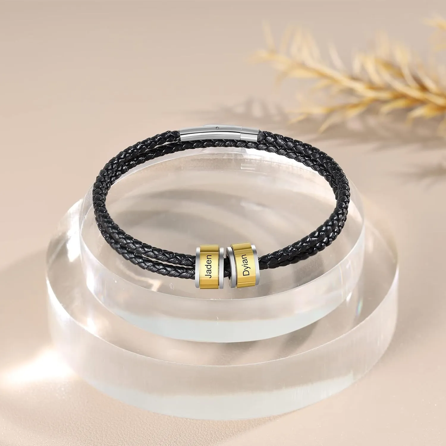 JewelOra Personalized Bracelet for Men Custom 2-5 Name Charm Beads Bracelets Engraved Name ID Black Braid Leather Bracelet Jewelry Gift for Son Father Boyfriend