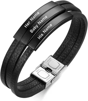 JewelOra Personalized Bracelet for Men Custom Engraved Name Bracelet for Dad Son Personalized Inspirational Leather Bracelets Gift for Father's Day