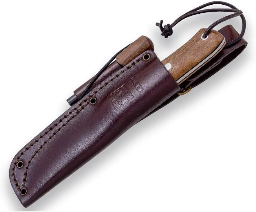 Joker Sport Hunting Knife Nórdico 115, Brown Leather Sheath, 3.94 inches Blade of SANDVIK 14C28N, Tool for Fishing, Hunting, Camping and Hiking (Walnut Wood, Leather Sheath with FireStarter)