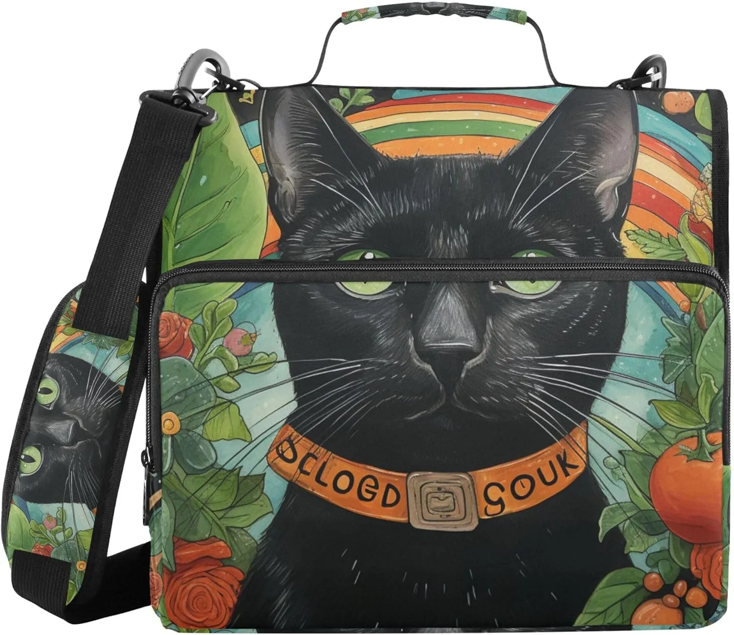 Jungle Black Cat Green Zippered Binder Bag with Handle Easy to Carry 1.5 Inch 3 Rings Storage Bag Portfolio Binder Storage Container