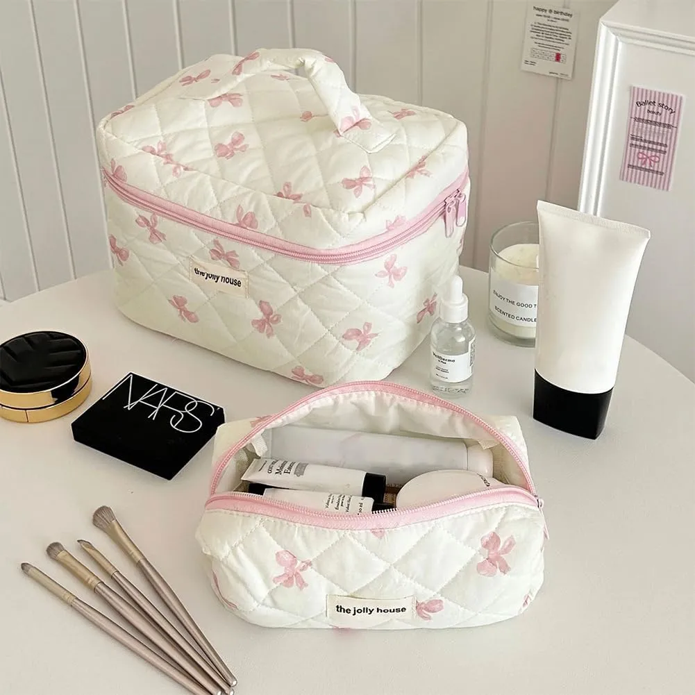 Juoxeepy Quilted Makeup Bag Floral Cotton Cosmetic Bag Jolly House Toiletry Bag Coquette Aesthetic Makeup Bag Cosmetic