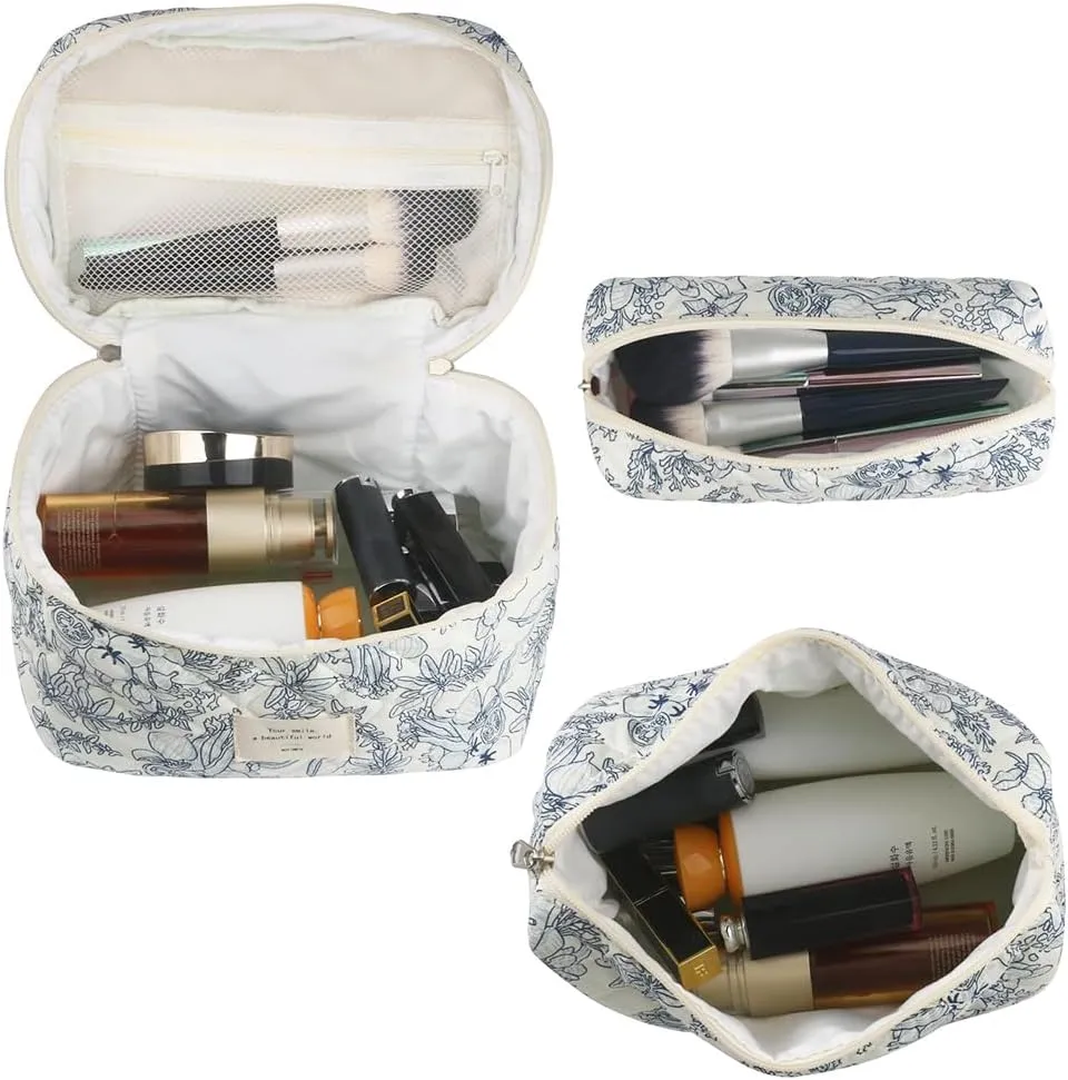 Juoxeepy Quilted Makeup Bag Floral Cotton Cosmetic Bag Jolly House Toiletry Bag Coquette Aesthetic Makeup Bag Cosmetic