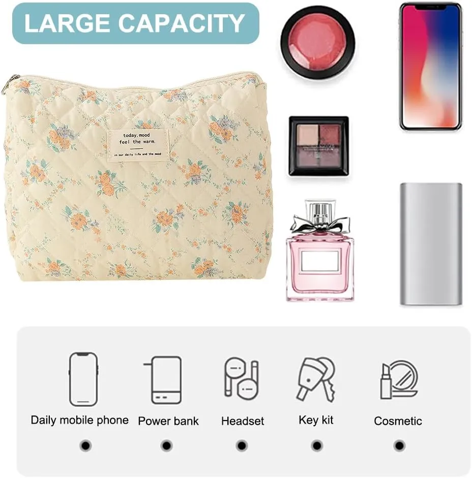 Juoxeepy Quilted Makeup Bag Floral Cotton Cosmetic Bag Jolly House Toiletry Bag Coquette Aesthetic Makeup Bag Cosmetic