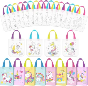 Kajaia 24 Pcs Unicorn Party Favor Bags Color Your Own Unicorn Goodie Bags Non Woven Totes Candy Treat Gift DIY Coloring Crafts for Kids Art Painting Party Favors Supplies Birthday Gifts Wrapping