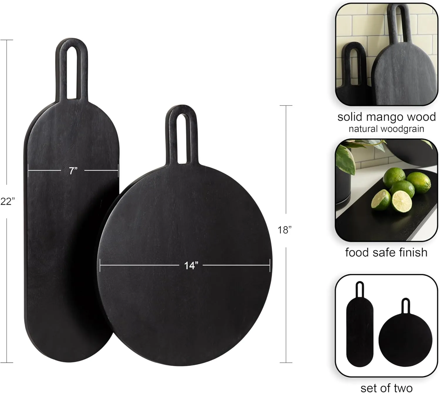 Kate and Laurel Staven Transitional Two-Piece Serving Boards Set, 7 x 22 and 14 x 18, Black, Modern Food-Safe Charcuterie Boards with Solid Mango Construction for Use as Kitchen Countertop Décor