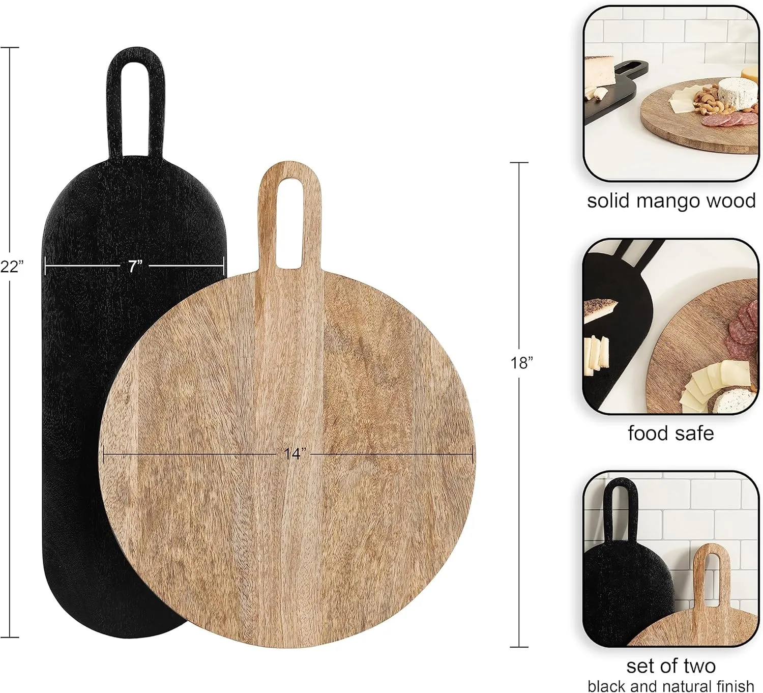 Kate and Laurel Staven Transitional Two-Piece Serving Boards Set, 7 x 22 and 14 x 18, Natural Brown and Black, Modern Food-Safe Charcuterie Boards with Solid Mango Construction