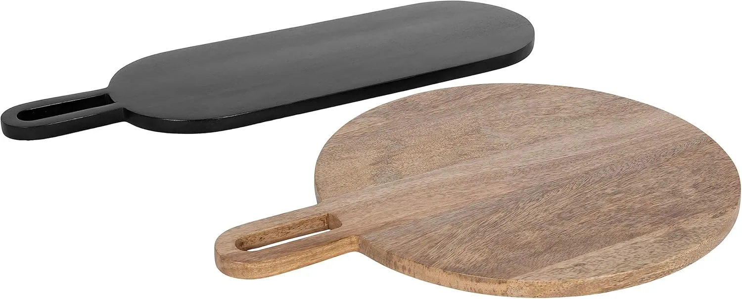 Kate and Laurel Staven Transitional Two-Piece Serving Boards Set, 7 x 22 and 14 x 18, Natural Brown and Black, Modern Food-Safe Charcuterie Boards with Solid Mango Construction