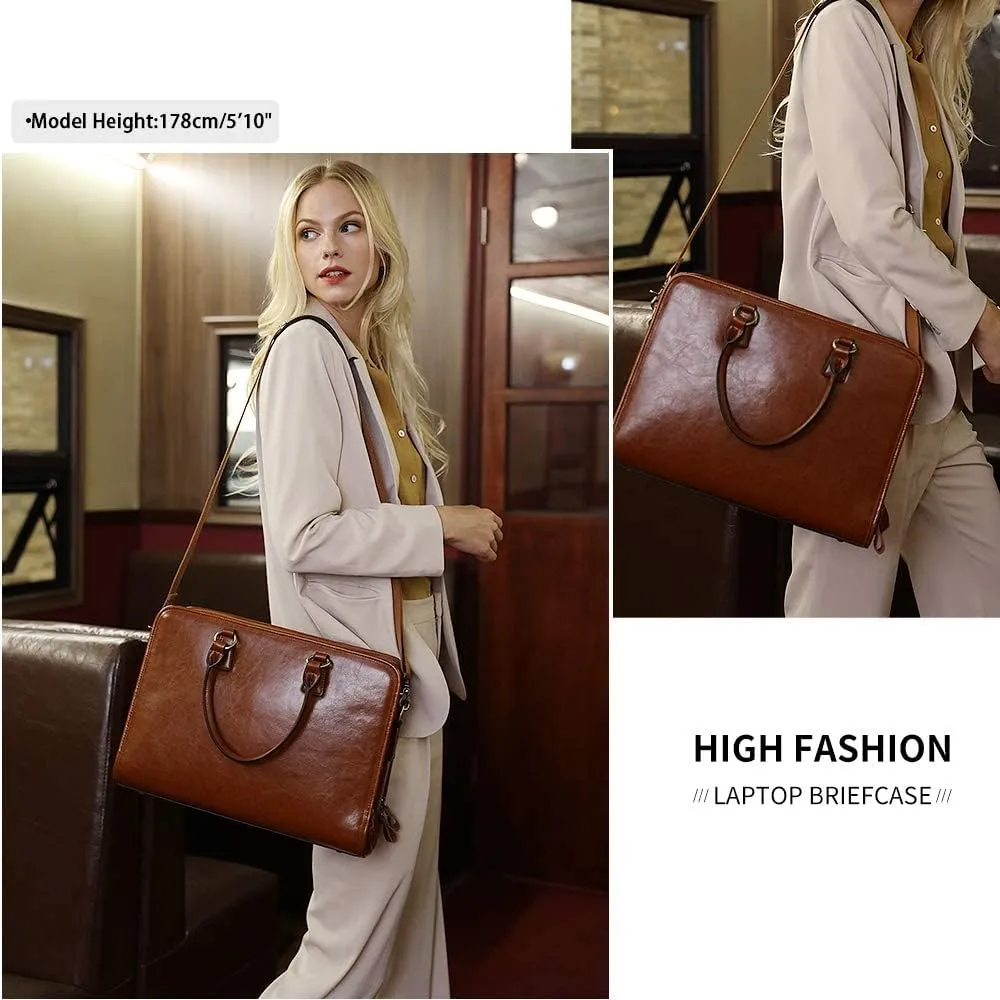 Kattee Genuine Leather Briefcase for Women, Large Capacity Laptop Bag with Luggage Tag