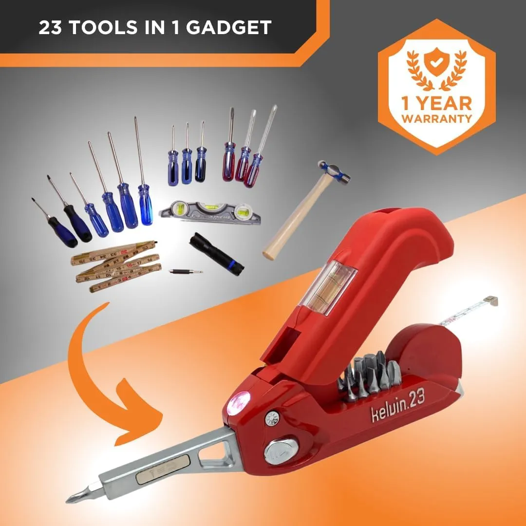 Kelvin Tools Urban Multi Tool Set - All in One with 16 Bit Set, Tape Measure, Liquid Level, Hammer, Flashlight, Pocket Screwdriver, Universal Precision Screwdriver - Navy
