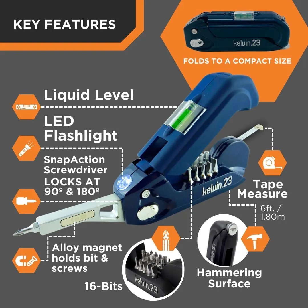 Kelvin Tools Urban Multi Tool Set - All in One with 16 Bit Set, Tape Measure, Liquid Level, Hammer, Flashlight, Pocket Screwdriver, Universal Precision Screwdriver - Navy