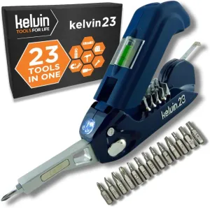Kelvin Tools Urban Multi Tool Set - All in One with 16 Bit Set, Tape Measure, Liquid Level, Hammer, Flashlight, Pocket Screwdriver, Universal Precision Screwdriver - Navy