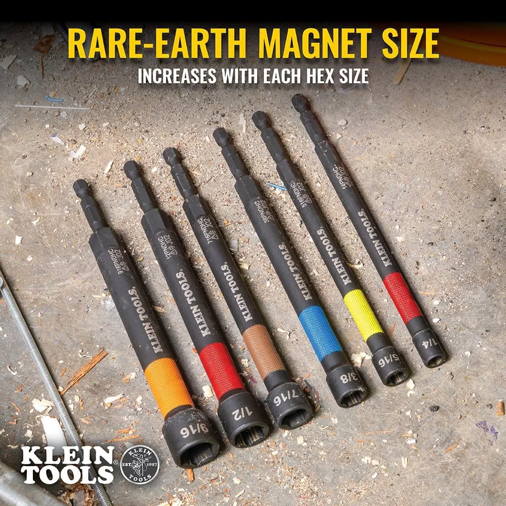 Klein Tools 32930 SAE Magnetic Impact Nut Setter Set, 6-Piece Color Coded Power Nut Driver with Extended Reach, 6 SAE Sizes