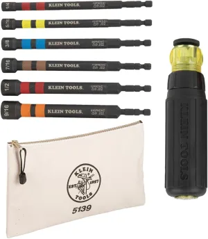 Klein Tools 80182 Ratcheting Impact-Rated Hollow Power Nut Driver Set with Handle, Magnetic, 6 SAE Hex Sizes plus Zipper Canvas Tool Bag, 12.5 x 7 x 0.7-Inch 8-Piece