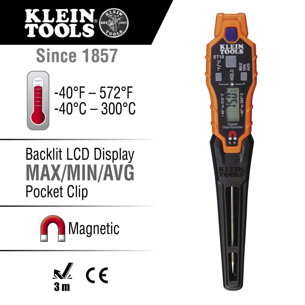 Klein Tools ET10 Magnetic Digital Pocket Thermometer, HVAC Instant Read Thermometer with Backlit Display, Wide Measurement Range, Fahrenheit and Celsius