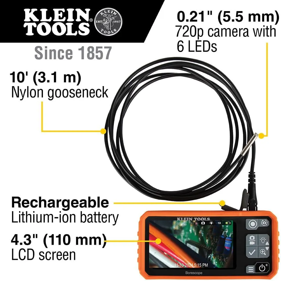 Klein Tools ET17 Utility Borescope with 5.5 mm 9.8-Foot Waterproof Gooseneck Snake, LEDs, 4.3-Inch LCD, Attachments, Endoscope Inspection Camera