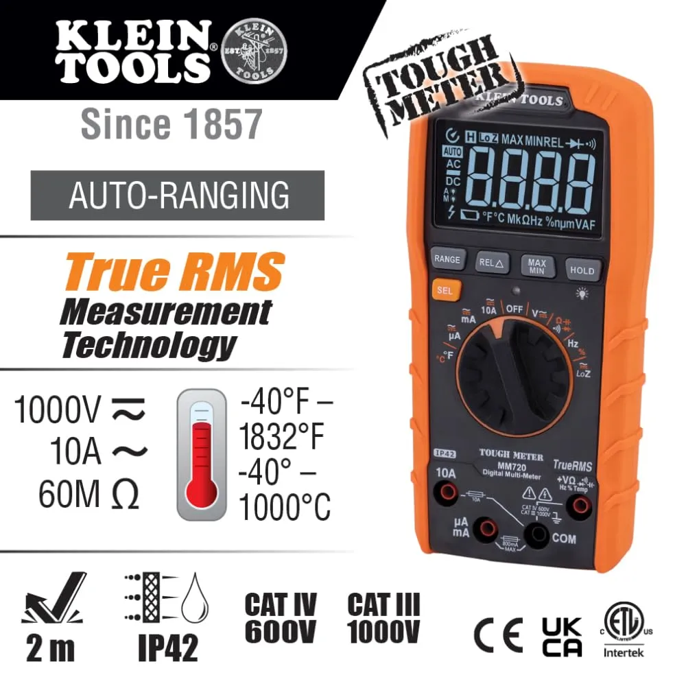 Klein Tools MM720 Digital Multimeter, Auto-Ranging TRMS, Low Impedance (LoZ), 1000V AC/DC Voltage, 10A AC/DC Current, 60 MOhms Resistance