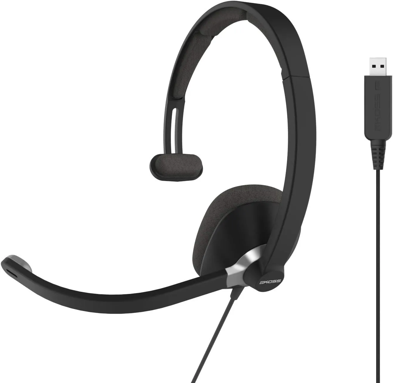 Koss CS295-USB Single-Sided On-Ear Communication Headset, Noise Cancelling Electret Microphone, Flexible Microphone Arm, Wired with USB Plug, Black