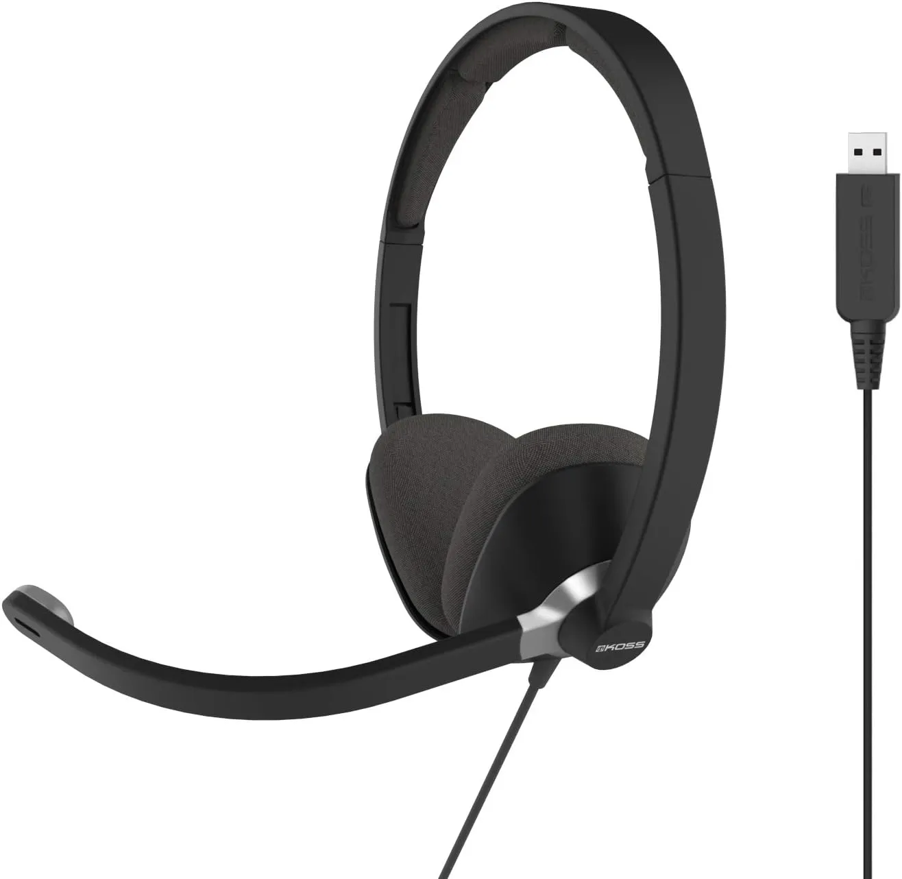Koss CS300-USB Double-Sided On-Ear Communication Headset, Noise Cancelling Electret Microphone, Flexible Microphone Arm, Wired with USB Plug, Black