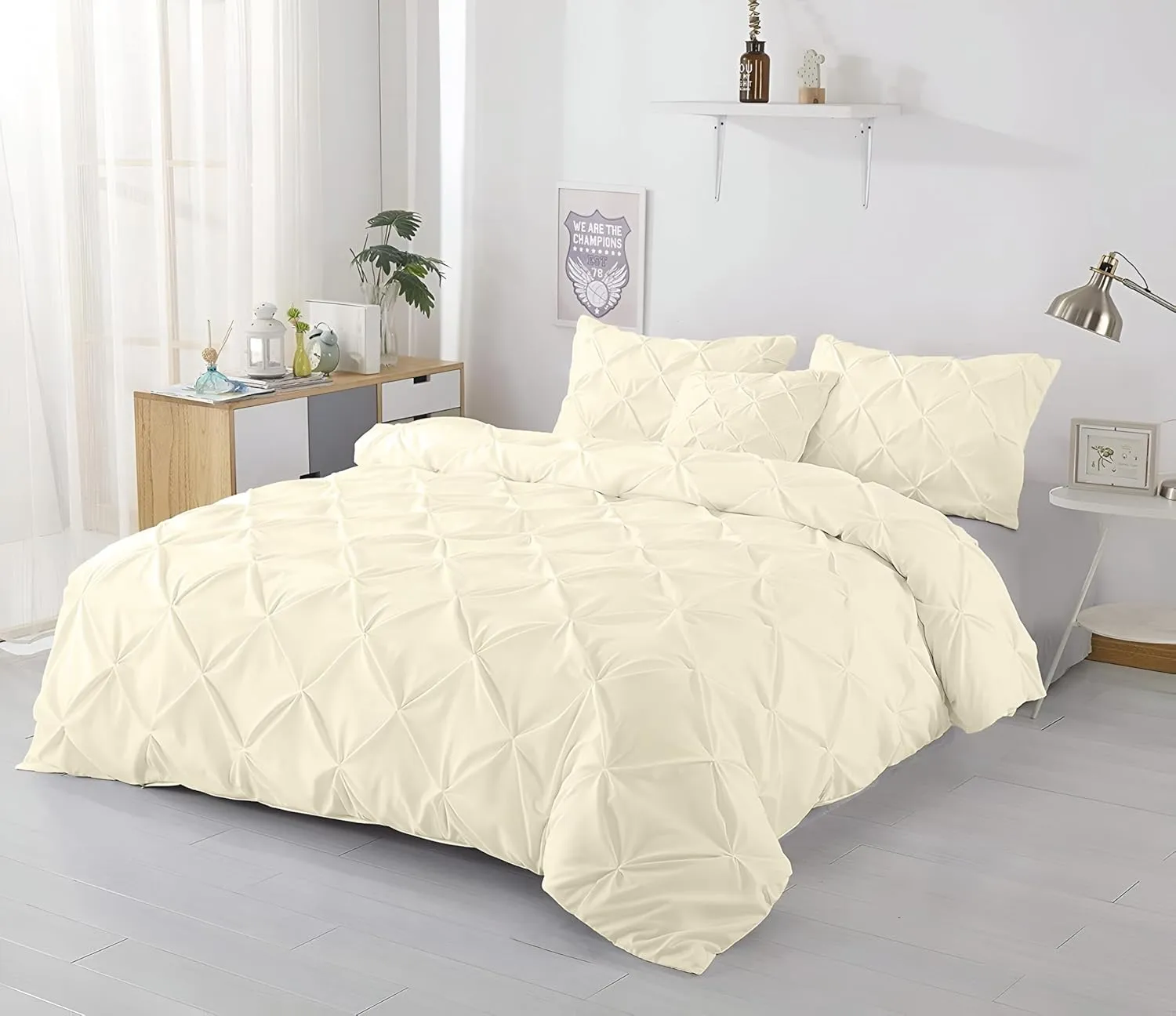 Kotton Culture 600 Thread Count Pinch 3 Piece Duvet Cover Set Egyptian Cotton Breathable All Season Comforter Cover with Zipper Closure & Corner Ties (Butter, Queen)