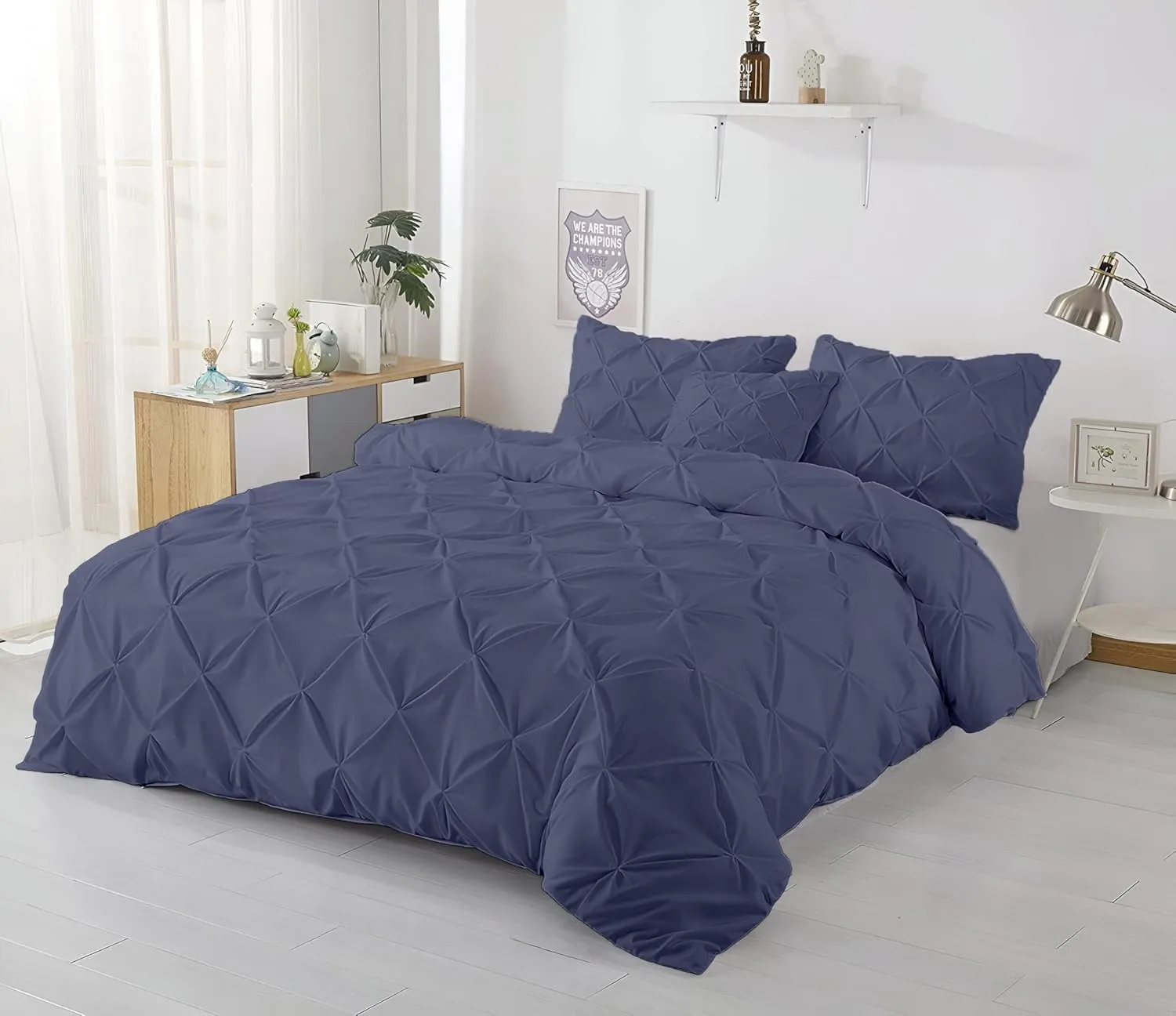 Kotton Culture 600 Thread Count Pinch Pleated 3 Piece Duvet Cover Set 100% Egyptian Cotton Breathable All Season Comforter Cover with Zipper Closure & Corner Ties (Mediterranean Blue,Queen)