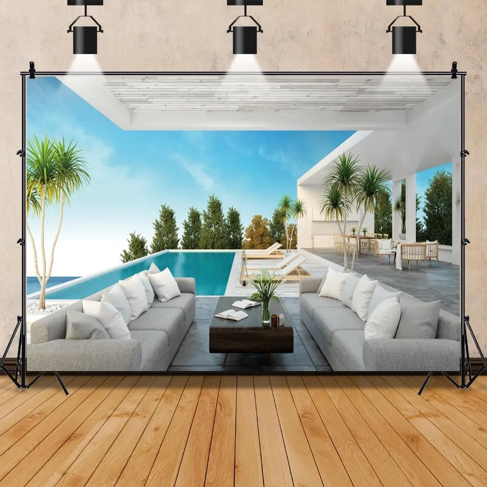 Laeacco 5x4ft Luxury Villa Interior Backdrop Seaside Modern Villa Hotel Open Air Pool Sofa Photography Background Business Office Video Conference Decoration Birthday Party Prom Banner Booth Props