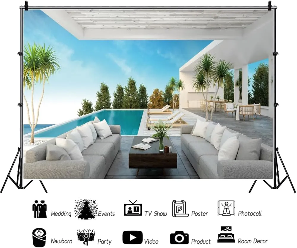 Laeacco 5x4ft Luxury Villa Interior Backdrop Seaside Modern Villa Hotel Open Air Pool Sofa Photography Background Business Office Video Conference Decoration Birthday Party Prom Banner Booth Props