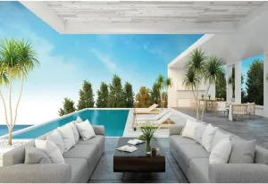 Laeacco 5x4ft Luxury Villa Interior Backdrop Seaside Modern Villa Hotel Open Air Pool Sofa Photography Background Business Office Video Conference Decoration Birthday Party Prom Banner Booth Props