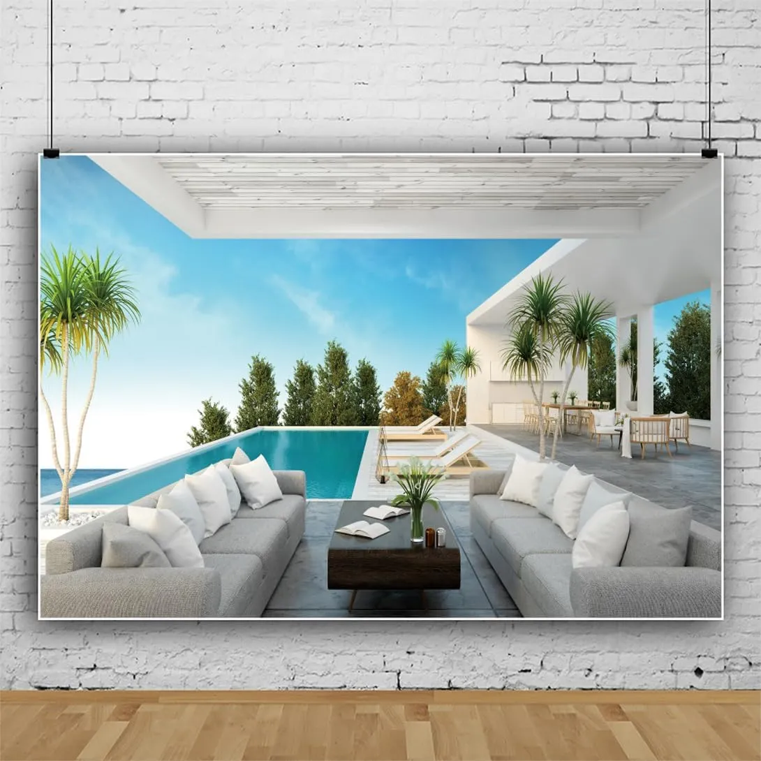 Laeacco 5x4ft Luxury Villa Interior Backdrop Seaside Modern Villa Hotel Open Air Pool Sofa Photography Background Business Office Video Conference Decoration Birthday Party Prom Banner Booth Props