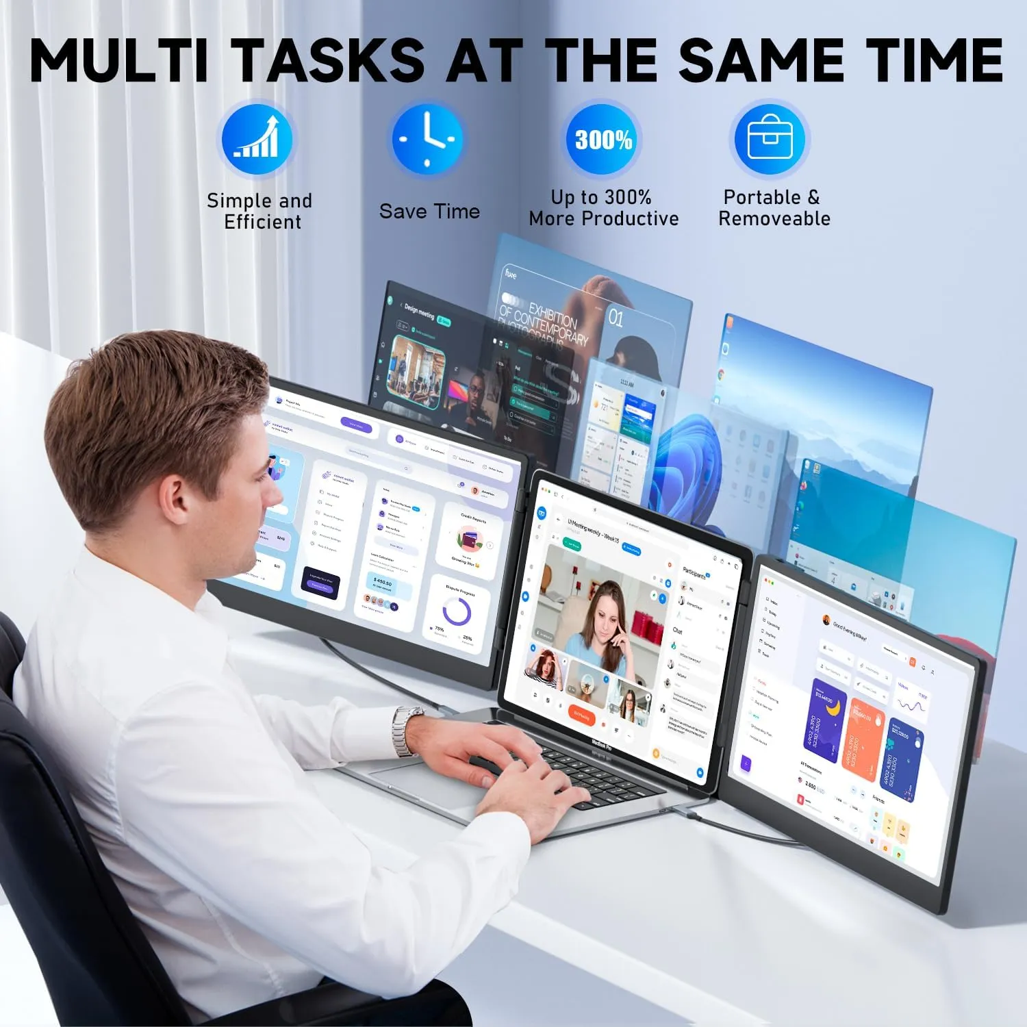 Laptop Screen Extender, 14" FHD 1080P Triple Portable Monitor for Laptop 13-17", Laptop Monitor Extender for Windows/Mac/Chrome/PS5,Plug n Play