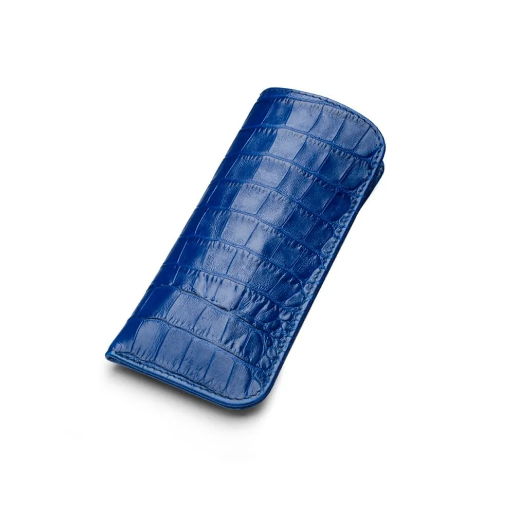 Large Leather Glasses Case - Cobalt Croc-Effect