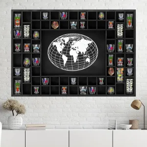 Large World Map 68 Slots Shot Glass Display Case 39 x 28'' Rustic Wood Shot Glass Holder for 7 Sizes Wineglass Bar Shelf Organizer Wall Mount Storage Shadow Cabinet Decor (Black)