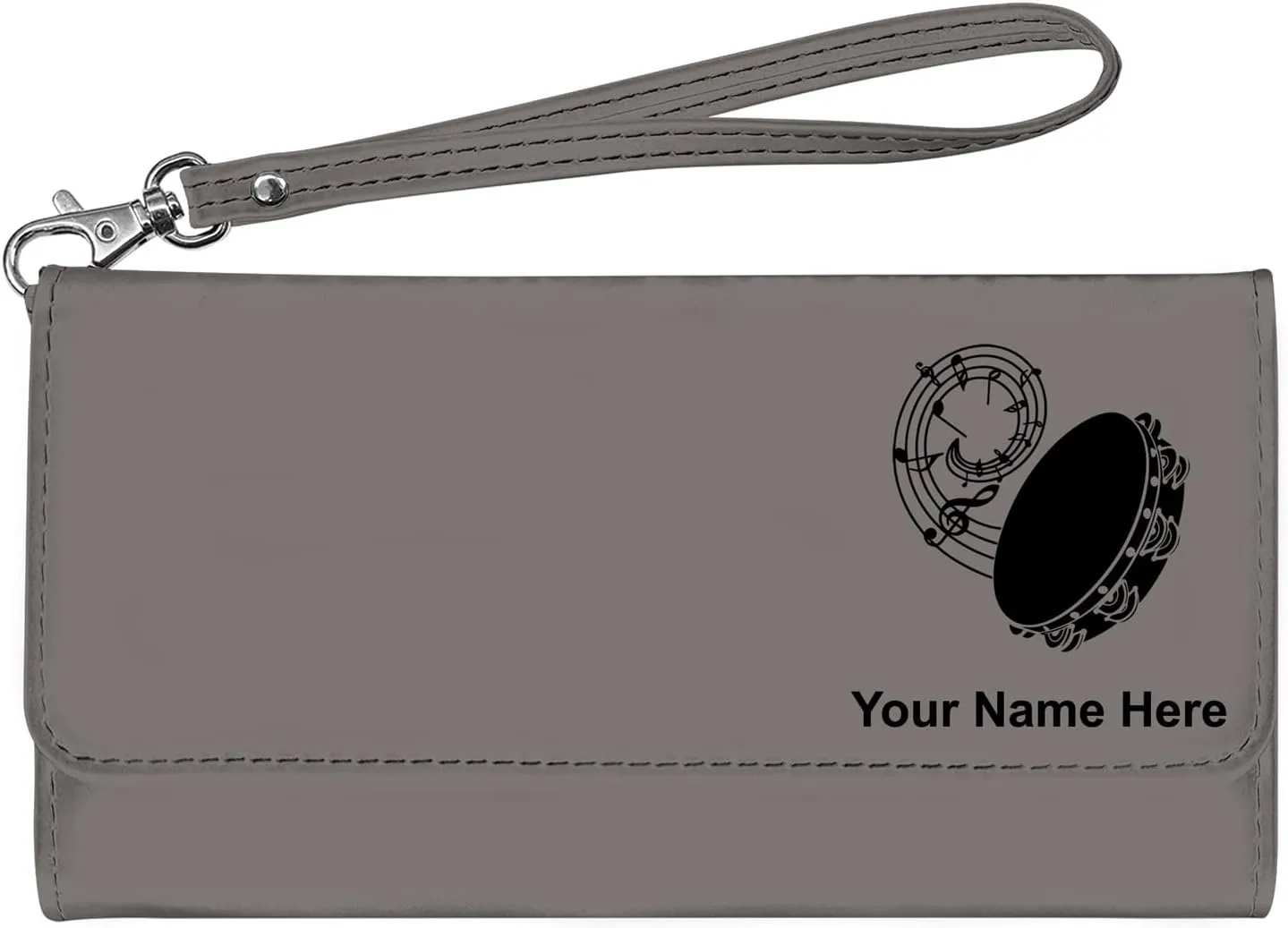 LaserGram Faux Leather Womens Wallet with Strap, Tambourine, Personalized Engraving Included (Gray)