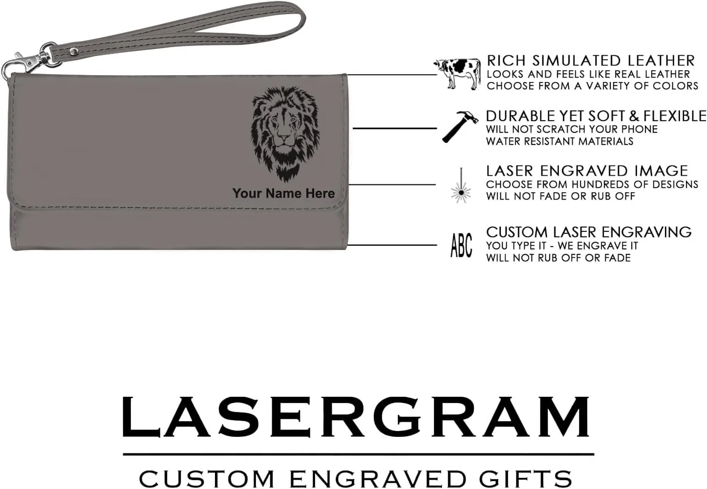 LaserGram Faux Leather Womens Wallet with Strap, Tambourine, Personalized Engraving Included (Gray)