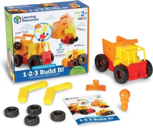 Learning Resources 1-2-3 Build It! Construction Crew Toy, Bulldozer, Digger, Dump Truck, STEM, Imaginative Play, 16 Pieces, Ages 2 