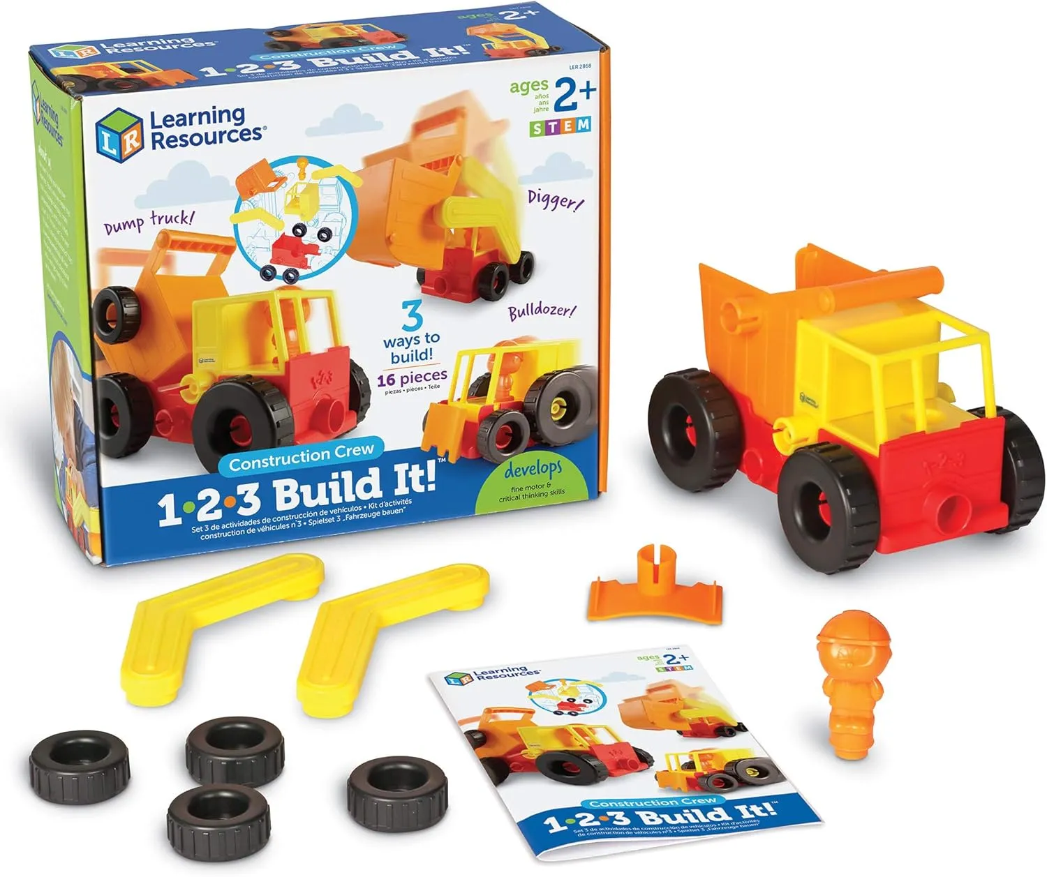 Learning Resources 1-2-3 Build It! Construction Crew Toy, Bulldozer, Digger, Dump Truck, STEM, Imaginative Play, 16 Pieces, Ages 2 
