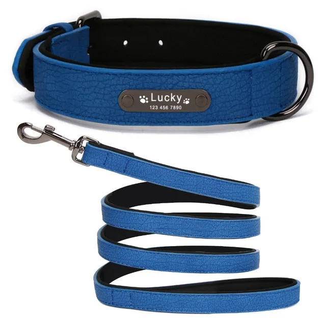 Leather Dog Collar with Personalised Name Tag ID and Lead